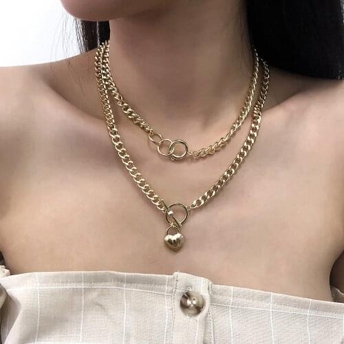 2021 Hip Hop Love Heart Lock Necklace Streetwear Choker Necklace Double-layer Cool Chain Necklace Jewelry Gifts For Male Female