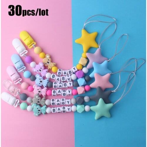 30Pcs/lot Custom Baby Personalize Name pacifier Clip Silicone Clip Pacifier Chain Chew Baby Teether Toys Nipple Holder