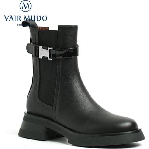VAIR MUDO Ankle Boots Thick Bottom Elegant Fashion Black White Work & Safety Genuine Leather Footwear Round Toe Shoes Lady DX96L