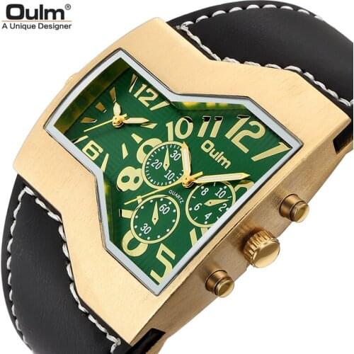 Oulm 1220B Golden Dial Luxury Mens Watches Unique Design Two Time Zone Watch Leather Strap Wristwatch relogio masculino