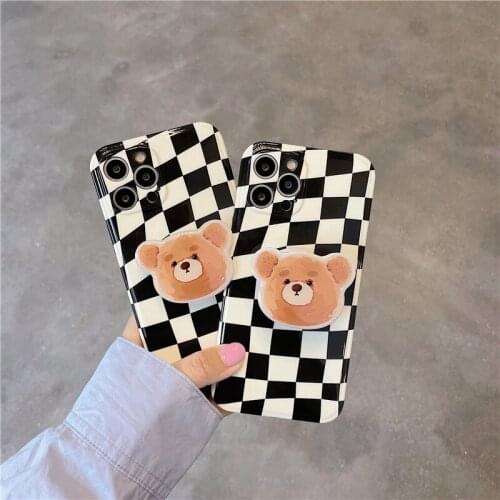 INS Korean retro black and white plaid phone Case For iphone 7 8 Puls X XR XS 11 12 pro Max SE2020 Bear stand soft Back Cove