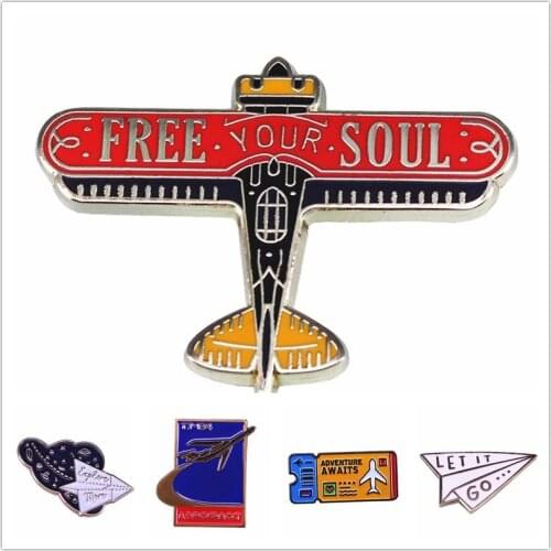 HOSENG Free Your Soul Airplane Model TY 134 Cartoon Brooch Funny Air Ticket Unique Pin Design Jewelry Badge Enamel Pin HS_911