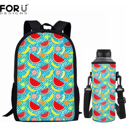 FORUDESIGNS Cartoon Fruit Watermelon Print Backpack Set High Quality Student School Bags Water Bottle Carry-on Cup Shoulder Bags