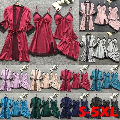 Four-piece suit Lingerie Women Silk Lace Robe Dress Babydoll Sleepwear Nightdress Pajamas Set Silk Many colors are available T5