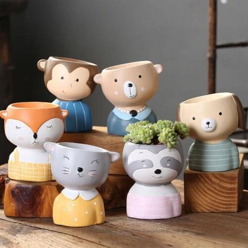Creative Ceramic Animal Design Flower Pot Cartoon Bear Cat Dog Pattern Mini Flower Pot Succulents Plants Bonsai Home Decoration
