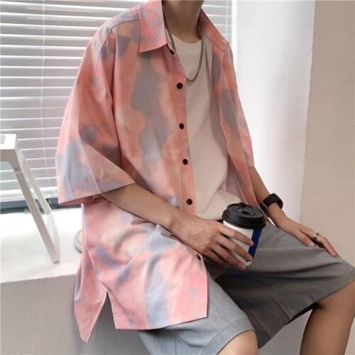 Summer Ice Silk Short Sleeve Shirts Men Loose Half-sleeved Tops Tie-dye Hawaiian Beach Shirt Hiphop Streetwear Coat Plus Size