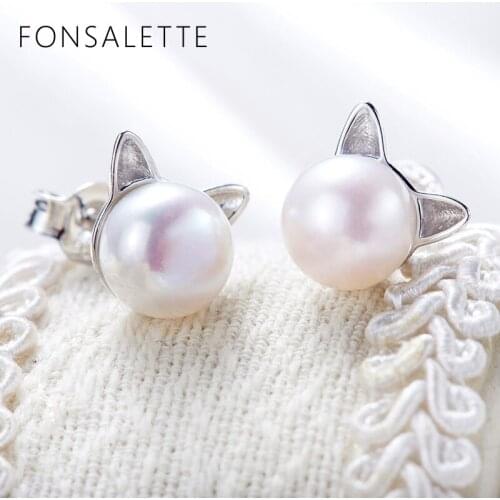 Fashion Cat Earrings 925 Sterling Silver Cute Cat Pearl Stud Earrings Best Freshwater Pearl Earrings for Women