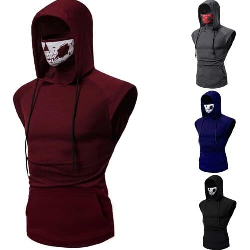 Mens Gym Thin Hoodie Sleeveles 2021 Summer Mens Personalized Ninja Suit Hooded Call of Duty Skull Mask Print Vest Plus Size 3XL