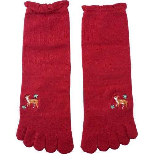 4 Pairs Comfortable Mid-tube Cotton Five Finger Socks Embroidery Deer 5 Toe Separate Female Socks Cartoon