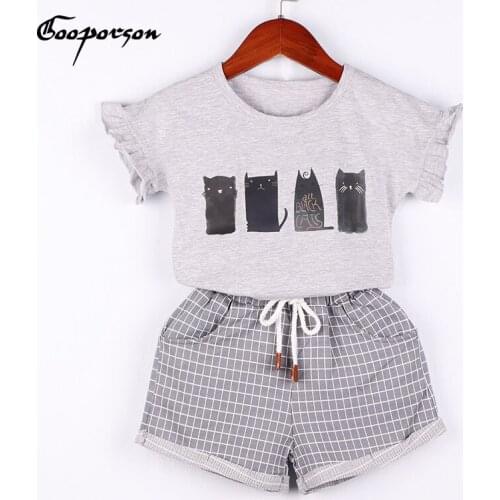 New Girls Clothes Set Grey Color Cotton Cat Shirt And Plaid Pants Kids Girl Soft Clothing Suit Summer 2 Pcs Children Sets