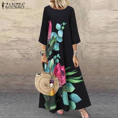 ZANZEA Autumn O Neck 3/4 Sleeve Floral Maxi Dress Women Bohemian Printed Sundress Casual Holiday Beach Long Vestidos Kaftan Robe