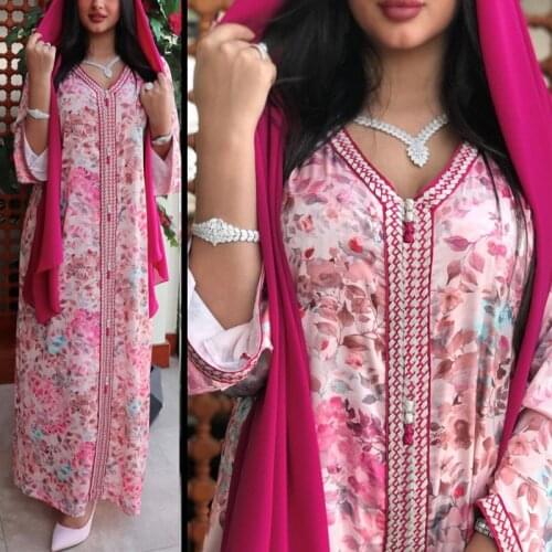 Floral Print Dubai Jalabiya for Women Muslim Hijab Dress Loose Long Braided Trim Arabic Ethnic Abaya Party Eid Oman Jordan Pink