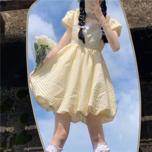 Japanese Sweet Lolita Dress 2021 Summer Korean Cute Square Collar Bow Splice Mini Dress Kawaii Puff Sleeve Puffy Princess Dress