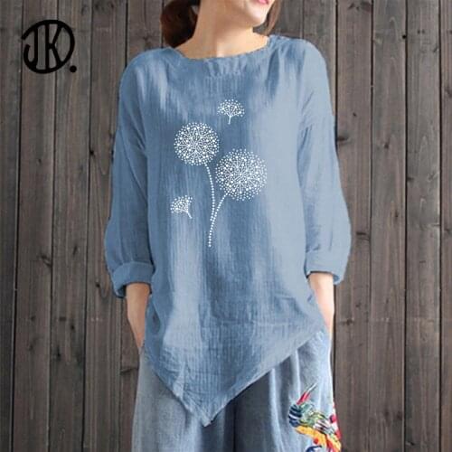 Cotton Linen Dandelion Print Casual Pullover Round Neck Spring Fashion T-shirt Women Long-sleeve Plus Size Autumn Irregular Tops