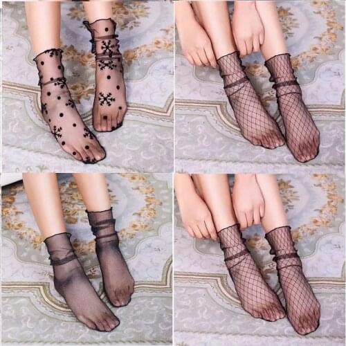 Sexy Lace Short Socks Bling Shiny Transparent Silk Socks Ultrathin Woman Nylon Socks for Female Girls Fishnet Casual Meias