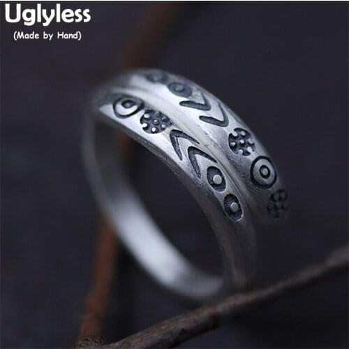Uglyless Real S990 Fine Silver Women Ethnic Opening Rings Engraved Retro Totem Flower Patterns Finger Ring Handmade Dress Bijoux