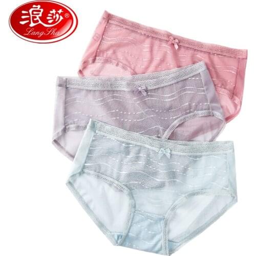 LANGSHA 3Pcs/set Women Panties Seamless Fashion Cute Bow Girls Underwear Sexy Lace Low-Rise Briefs Cotton Transparent Lingerie