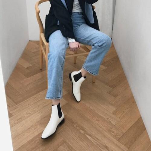 Leather Boots Women Square Head Mid-high Heels Women Chelsea Boots 4CM/6CM Ankle Boots Women Winter Shoes Size 33-42