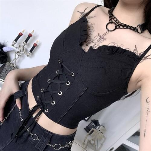 Punk Gothic Black Sexy Camis Summer Women Ruffle Bandage Solid Color Sleeveless Bustier Corset V-Neck Crop Top 2021
