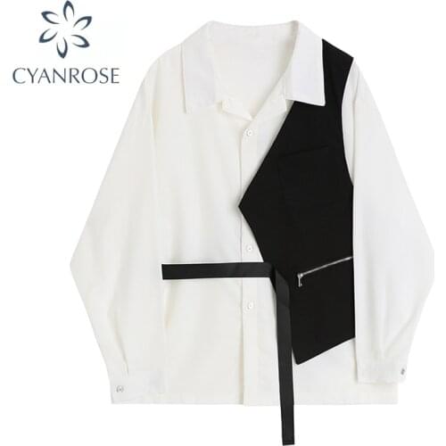 Korean Style 2 piece Set Lapel Loog Sleeve Simple Base T Shirt + Irregular Vest Belt Womens Autumn 2021 Casual Chic Streetwear