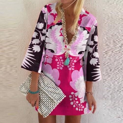 Women Dress Bohemian Flower Printing V-Neck Dress 2021 Summer Three Quarter Beach Casual Lady Mujer Robe Clothing