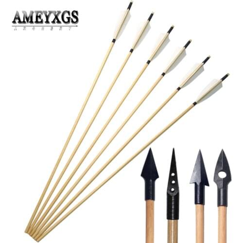 9/12 pcs Handmade Wooden Arrow 31 inch Traditional Arrowhead 8mm Wood Arrow Shaft With Shield Shape Feathers Hunting Shooting