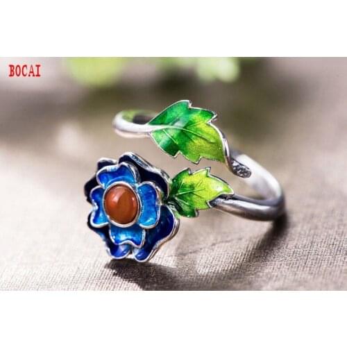 925 sterling silver ladies southern red agate open ring burnt blue flower cloisonne ring new