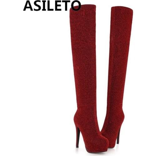 ASILETO 2021 Sexy High Heels Stiletto Over Knee Boots High Platform Elastic Sock Glitter Fabric Party Silver Big Size 43 S2486