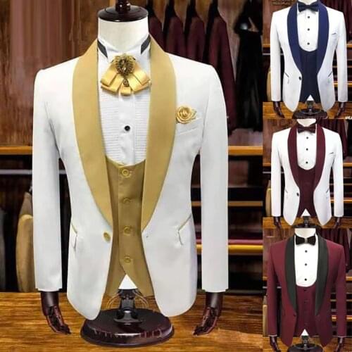 White Men Suit Wedding Suit 3 Pieces Tuxedo Gold Groom Best Man Terno Masculino Slim Fit Jacket Pants Vest Mens Suits with pants