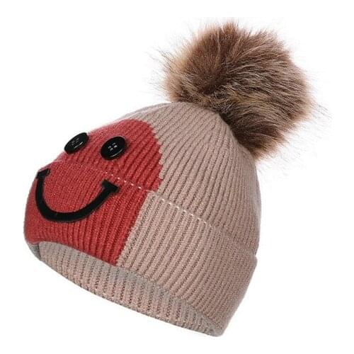 H7521 Children Knitted Beanie Cap Winter Boys Girls Korean Plus Velvet Warm Wool Skullies Hat Hairball Smiling Face Baby Caps