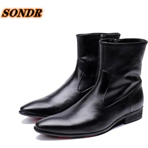 Elegant Pointed Toe Man Formal Dress Shoes Genuine Leather Handmade Zipper Cowboy Riding Warmest Ankle Boots Botas De Homens