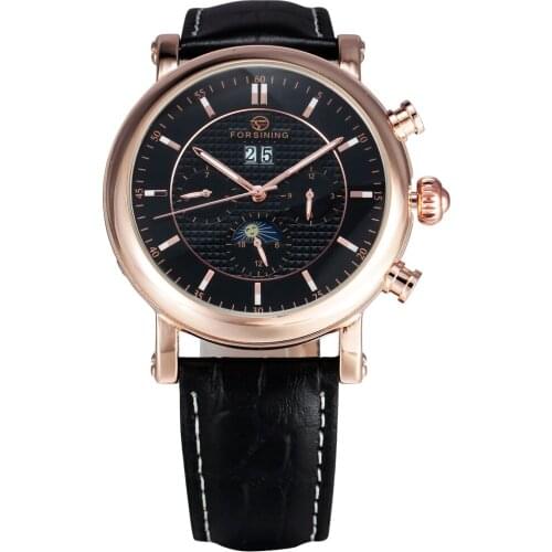 FORSINING Top Brand Luxury Automatic Mens Watches Moon Phase Auto Date 6 Pin Dial Leather Strap Dress Men Mechanical Wrist Watch
