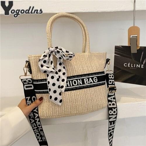 Summer Straw Crossbody Bags Woven Shoulder Bags For Women Casual Scarf Design Totes Ladies Large Capacity Shopping Handbags