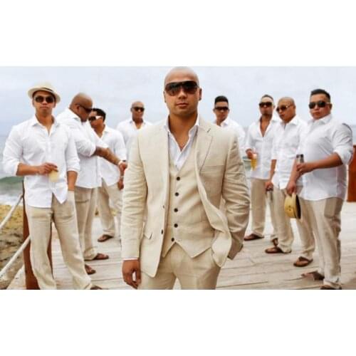 Summer Thin Beige Linen Groom Tuxedos Two Button Men Party Business Suits Prom Blazer Coats Waistcoat Trousers Sets NO:217