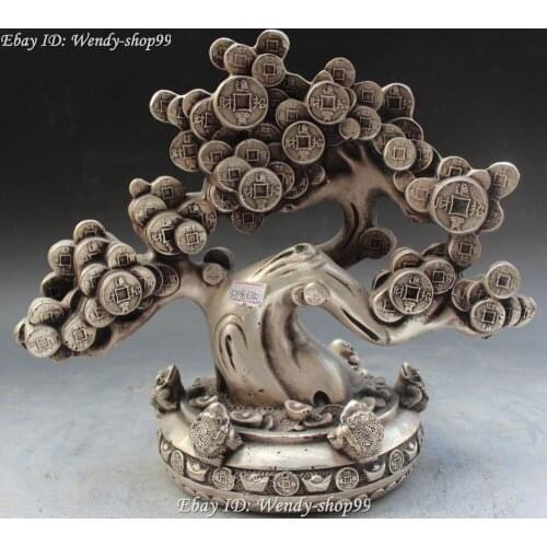 10" Chinese Silver Fengshui Golden Toad Spittor Money Tree Coin Yuan Bao Statue