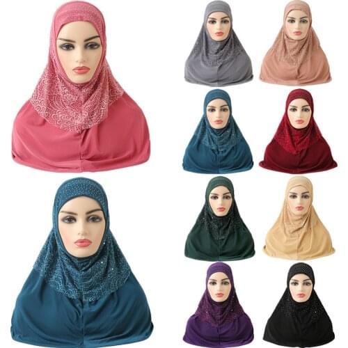 Muslim One Piece Amira Hijab with Lace Islamic Scarf Headband Headscarf Womens Shawl Prayer Hat Headwrap Hot Drilling Fashion