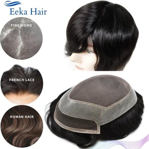 Eeka Hair Fine Mono Mens Toupee Natural Durable Hairline Lace Front Bleached Knots Off Black Remy India Hairpiece 6x8" Wig
