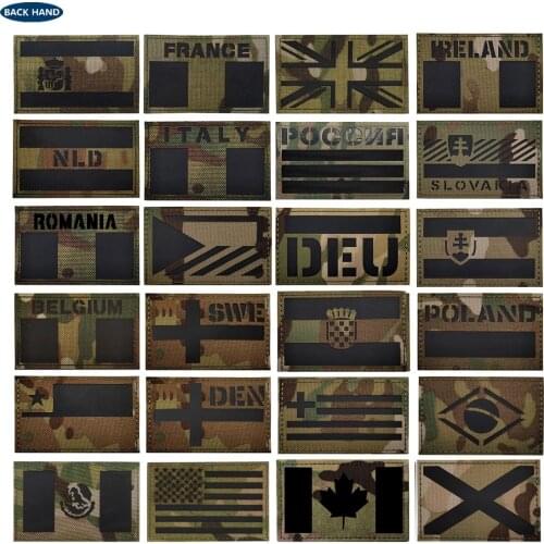 Multicam Flag Velcros Patches Chile France Spain America Brazil Canada Israel AU NL UK IR Infrared Military Reflective Badges