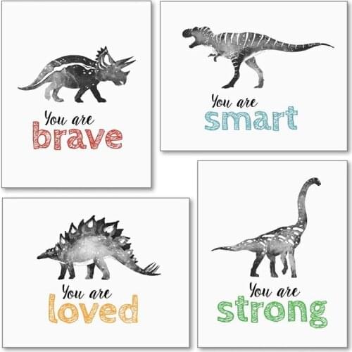 4Pcs Dinosaur Wall Art for Little Boys Room, Baby Nursery Posters, Motivational Kids Playroom Dino Decor, Toddler T-Rex