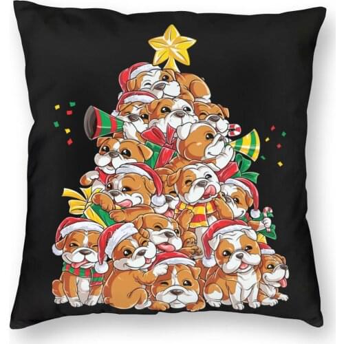 English Bulldog Christmas Xmas Tree Dog Pillowcase Home Decor Winter Cushion Cover Throw Pillow for Living Room Polyester