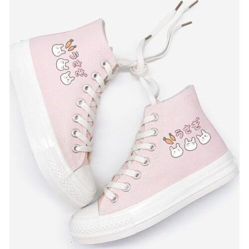 Autumn Sweet Soft Girl Pink Canvas Shoes Women High-top Sneaker Japanese Harajuku Style Cute Cartoon Rabbit Print Student Shoes