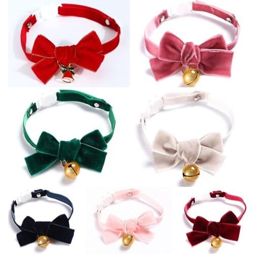 Handmade Cat Collars Pet Collar with Bell Bowtie Comfortable Velvet Cat Collar with Buckle Tie Solid Color Pet Supplies