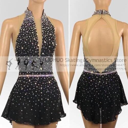 Teens Ice Skating Dress Girls Black Competition costumes Swimsuit Sleeveless Women Figure Skating Dance costumes Kids