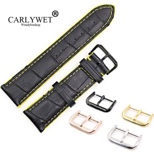 CARLYWET 18 20 22mm Black Real Leather Handmade Yellow Stitches Replacemet Watch Band Strap With Silver Color Polished Buckle