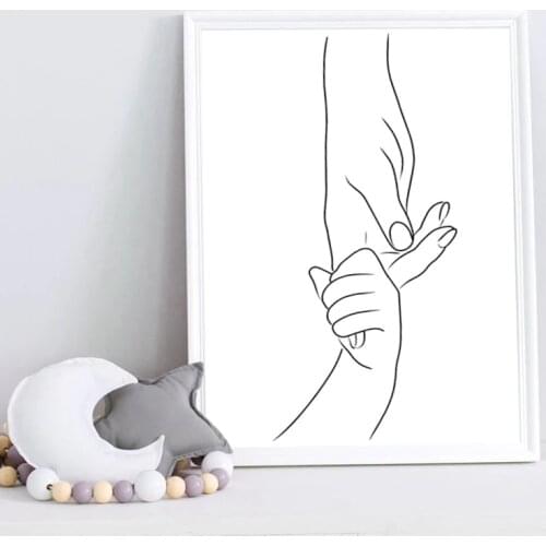 Hands Line Drawing Art Print Nursery Wall Decor , Mom Baby Hands Minimalist Wall Art Canvas Painting Nordic Poster for Kids Room