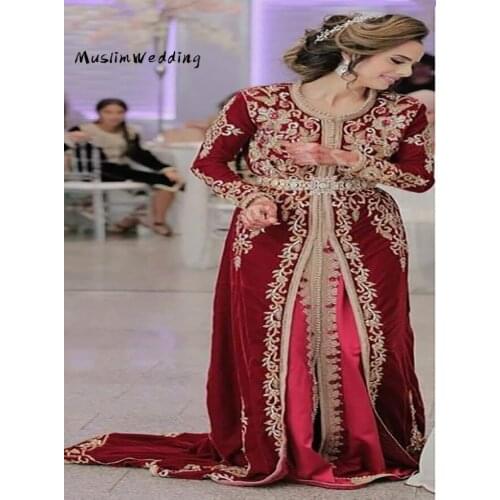 Luxury Red Kaftan Abaya Evening Dresses Muslim O Neck Long Sleeve Prom Dress 2020 Plus Size Beaded Long Dubai Formal Women Gowns