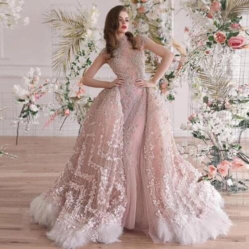 Crystals Furs Pink Prom Dresses 2021 Saudi Arabic 3D Flowers Appliques High Neck Cap Sleeves Evening Gowns With Detachable Train
