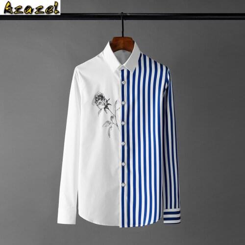 Azazel Stripe Mens Shirts Luxury Long Sleeve Rose Printed Casual Male Shirts Plus Size 4xl Fashion Slim Fit Party Man Shirts