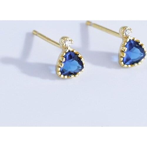 Cute Small 925 Sterling Silver Earrings for Women Vintage Blue Micro Zircon Triangle Stud Earring Simple Fashion Jewelry