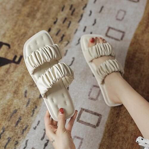 Fashion Women Slides Pleated Air Cushion Bottom Ladies Flat Shoes Woman Casual Outdoor Slippers Square Toe Female Summer New